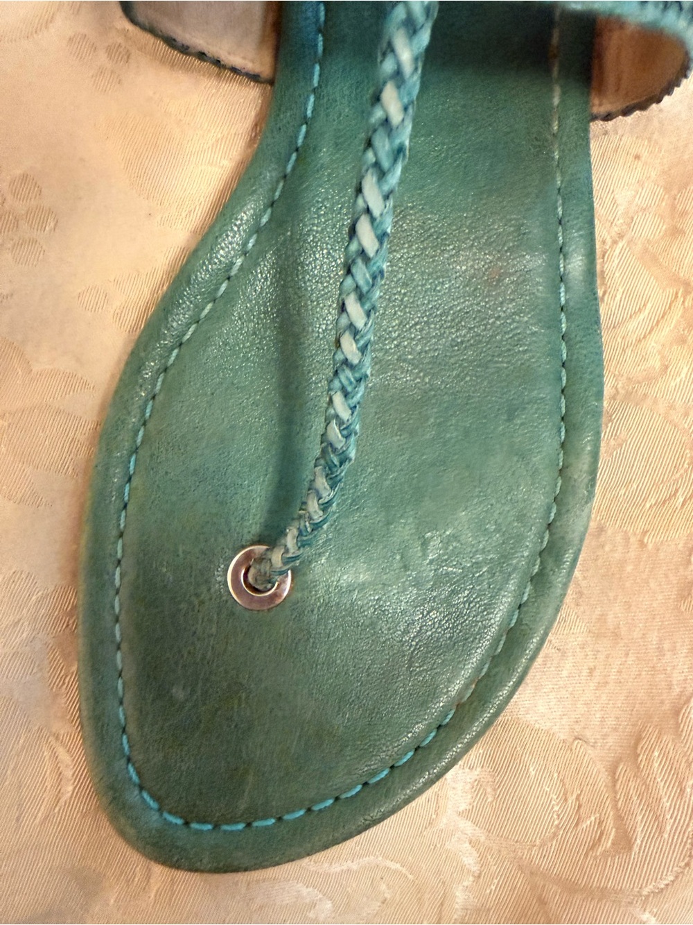Stuart Weitzman Braided Teal Leather Thong Sandals - Picture 3 of 6